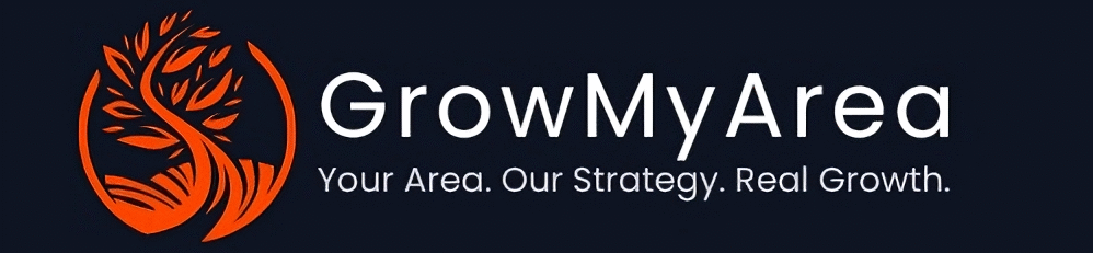 The official logo of GrowMyArea, a digital marketing agency focused on helping local businesses like dentists, salons, and real estate professionals grow online using SEO, social media, paid ads, and branding strategies. The logo features a clean yellow and black design symbolizing growth, energy, and trust.