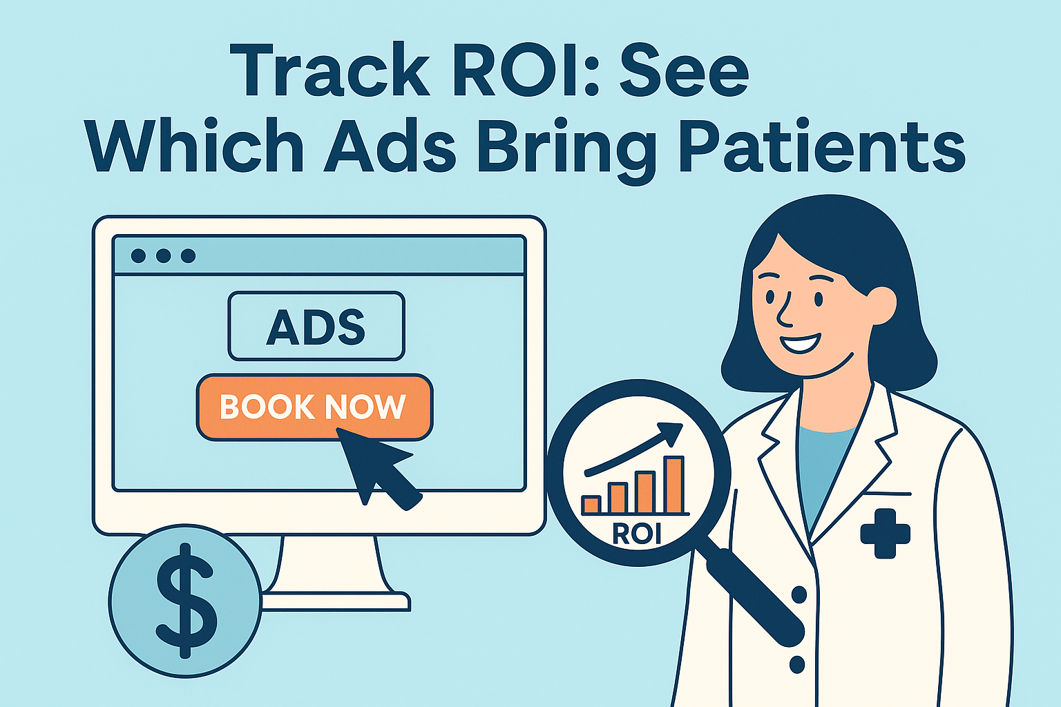Smiling dentist checking ROI charts to see which ads bring new patients to the dental clinic.